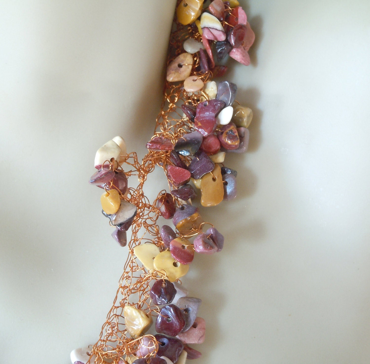 Crocheted Necklace of Super Fine Copper Wire and Mookaite in a Ruffled Design