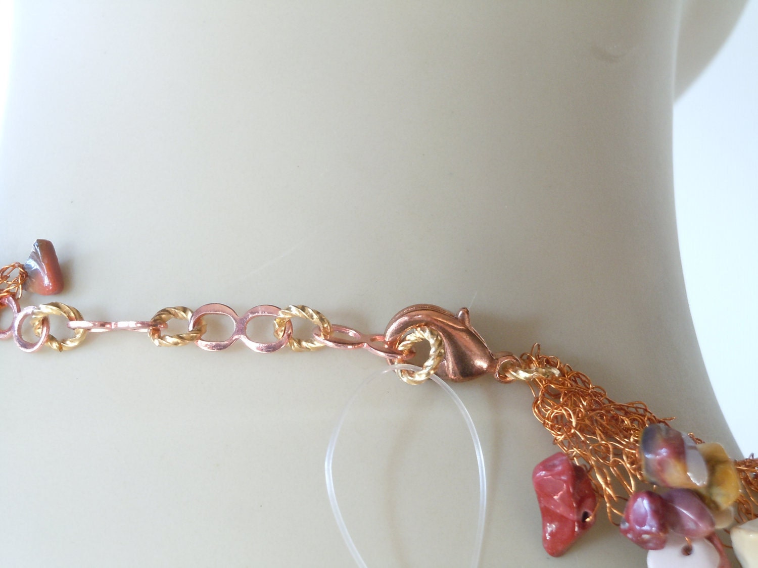 Crocheted Necklace of Super Fine Copper Wire and Mookaite in a Ruffled Design