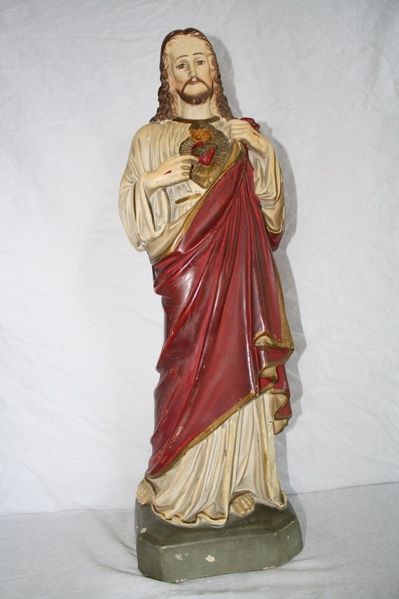 Items similar to Antique Jesus Sacred Heart Plaster of Paris Statue