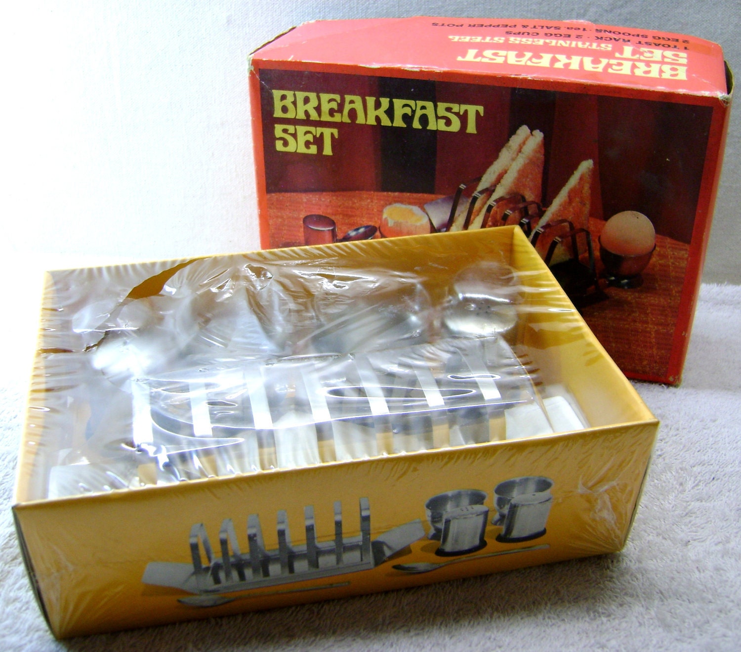 Breakfast Set In Original Box - Egg cups, Salt and Pepper Shakers, Toast Rack, Spoons
