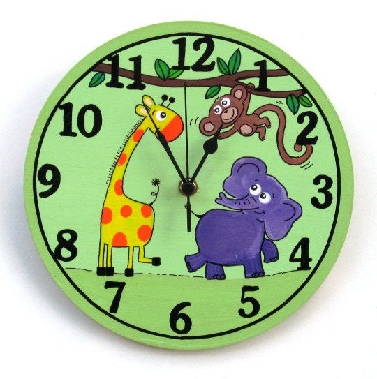 Green Wall Clock With Cute Animals Paintings