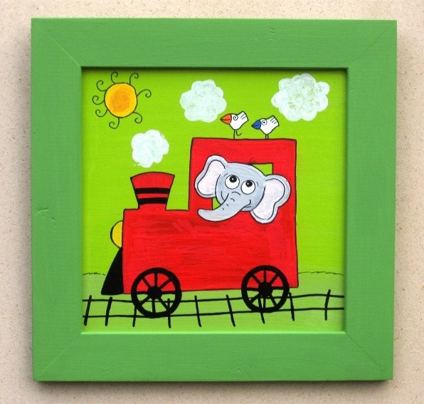 The Green Animals Train 11 x 11 Original Acrylic Painting On Wood