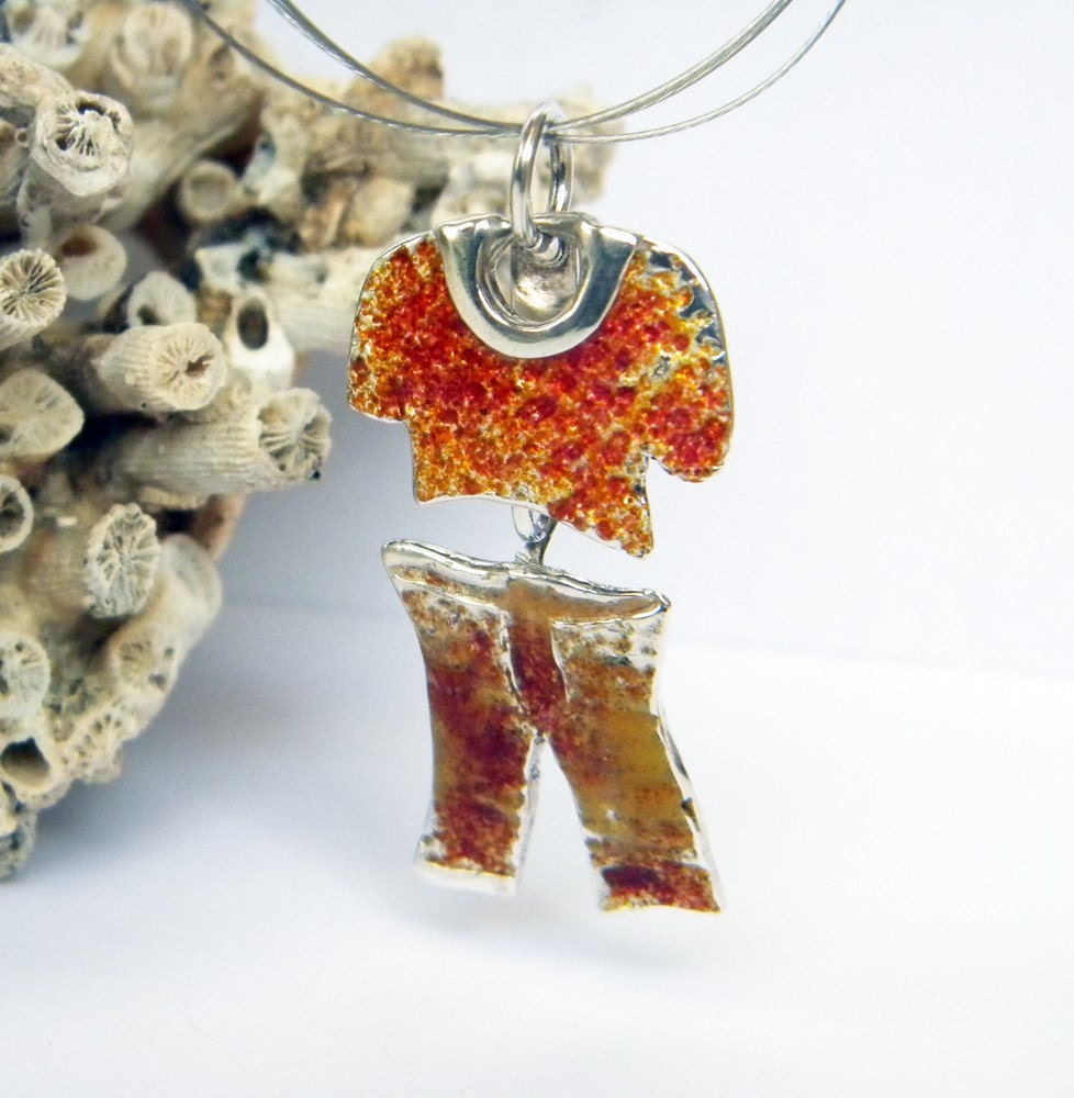 Sterling silver marionette,trousers and blouse pendant w orange brown enamel - nikiforosnelly