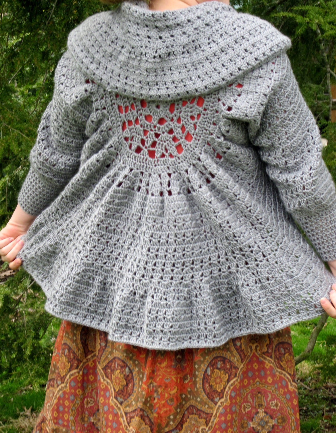 HALF PRICE for 1 Week Crochet Gray Ruffled Circle Sweater or Shrug, Three Quarter Dolman Sleeves, Size M-L