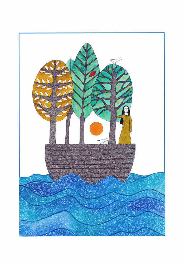 10" x 8" Print  Ink Watercolour Illustration Painting Drawing Artwork Woman In Boat With Trees And Birds Narrative Art Green Blue
