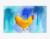 Watercolour Painting Original Golden Yellow Hen Chicken Blue Green Trees Landscape