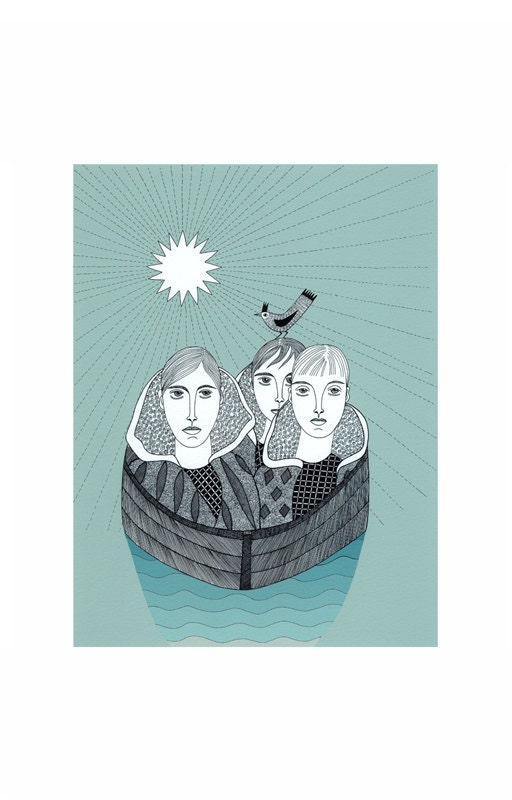 Ink Drawing Illustration Art Men Boat Sea Blue-Green Pen And Ink  Contemporary Art Folk Art