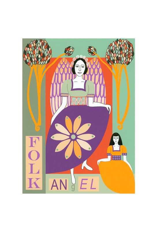 Art Illustration A4 Print Green Gold Purple Drawing Figurative Folk Art Angel Art Typography