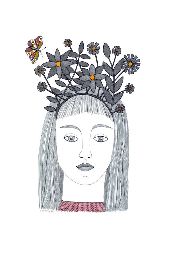 Original Drawing Original Art Pen And Ink Illustration Woman With Foliage Tiara Ink And Watercolour Art Butterfly