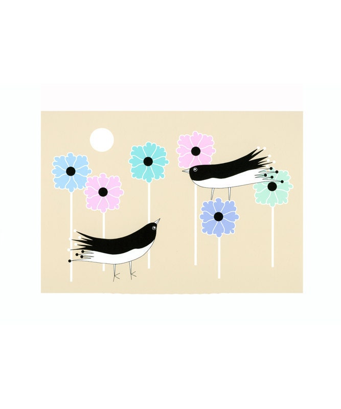Art Illustration A4 Print Drawing Birds Flowers Stylised Art Cream Black  Pink Pastel Floral
