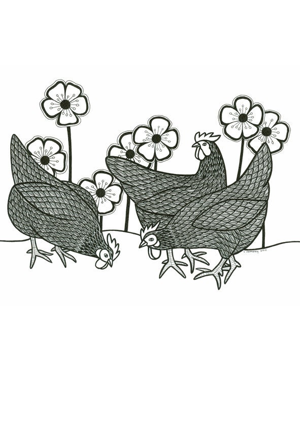 Original Art Original Drawing Illustration Folk Art Pen And Ink Art Stylised Hens Flowers Graphic Art Ink Art Black And White Art