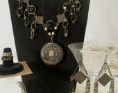 Necklace, Black & Brass Locket, Goth, Statement, Jewelry Set, Dangle Earrings, Wire wrapped Ring