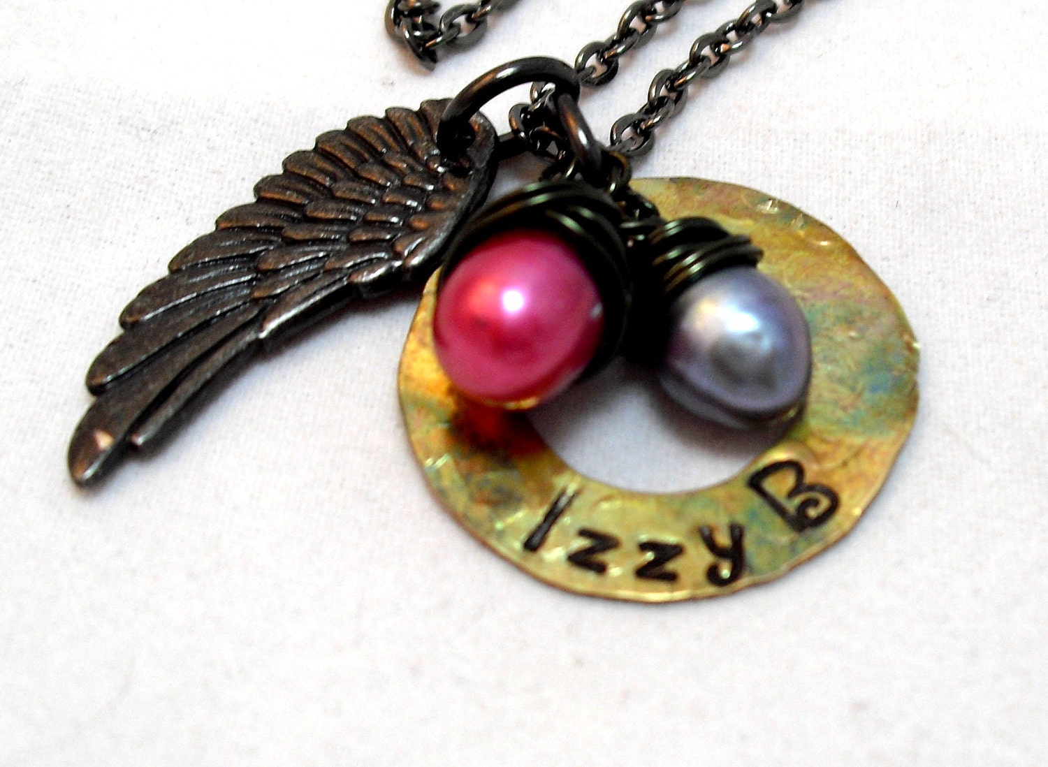 Steampunk Handstamp Necklace - Peacock Black Pearl - Rustic Brass Washer - Gunmetal Angel Wing Charm - Jewelry - Gunmetal Necklaces