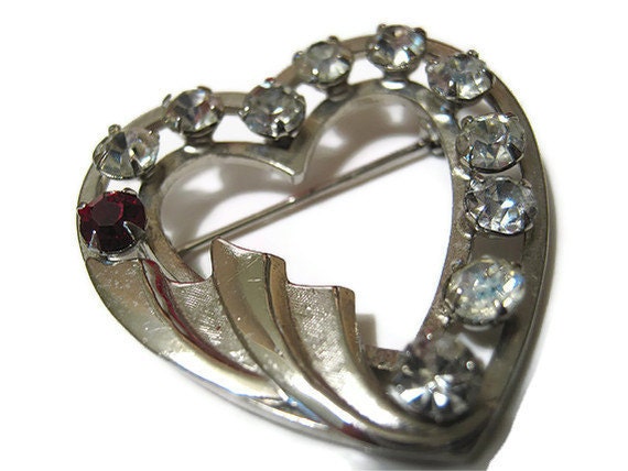 Gold Filled Vintage 1/20 12KT GF Rhinestone Heart Brooch