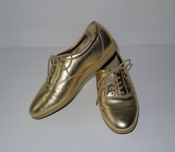14K footsie ... vintage 80s metallic gold oxfords shoes / tie lace up