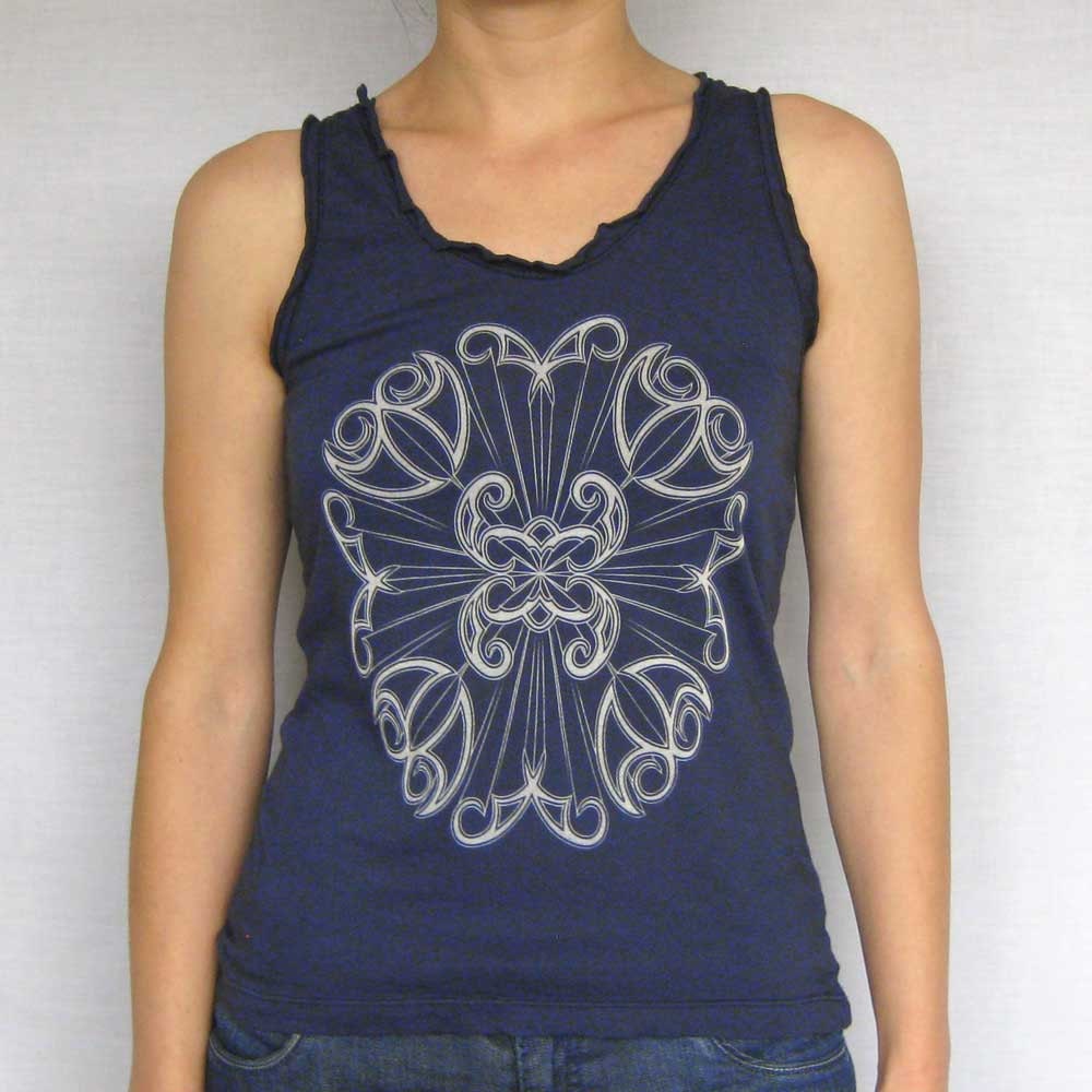 Pueblo Mandala T shirt tank - SALE - womens tissue jersey top - navy blue - ladies Large - womens t shirt - tribal t shirt - abstract tshirt