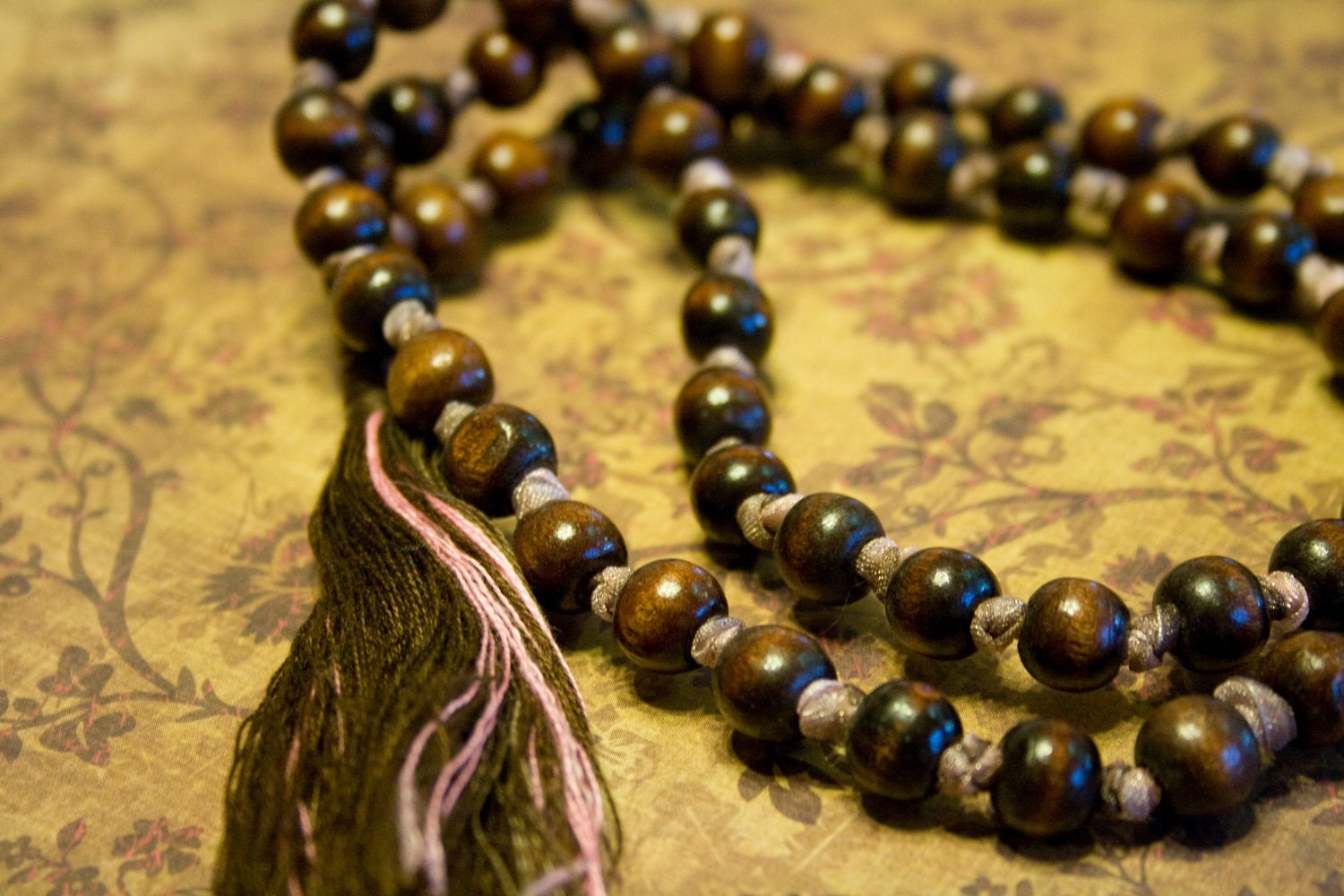 Wooden 44 Bead Japa Mala in Brown and Mauve for meditation