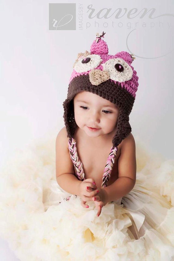 SALE - Newborn Baby Crochet Owl Hat - Baby Photography prop in cotton pink and brown - Sizes newborn to 4T