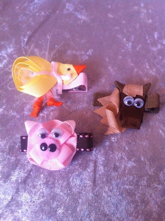 Farm Animals Chicken, Horse, Pig ribbon sculpture hair clip