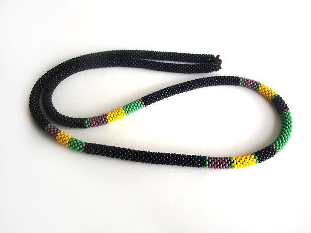 Beads crochet ropes necklace colorblock, long black green purple yellow necklace ,rope jewelry ,beaded necklace, beadwork, mothers day gift