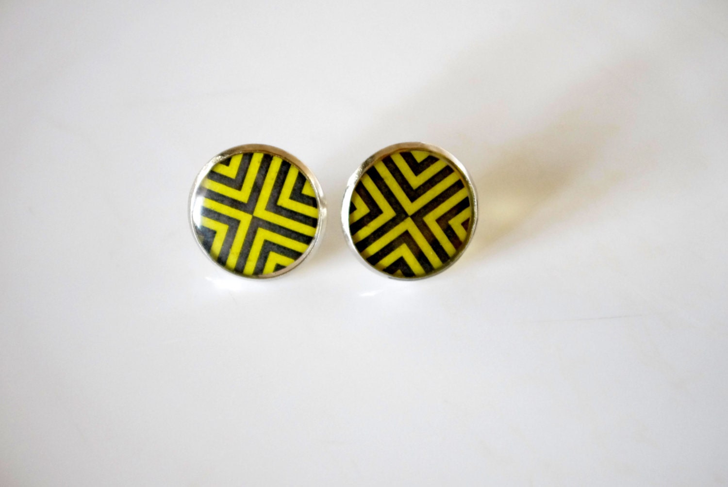 Tribal Geometry earrings, yellow modern, black, round, cross, summer look, ethnik pattern, free shipping - QueenAndEye