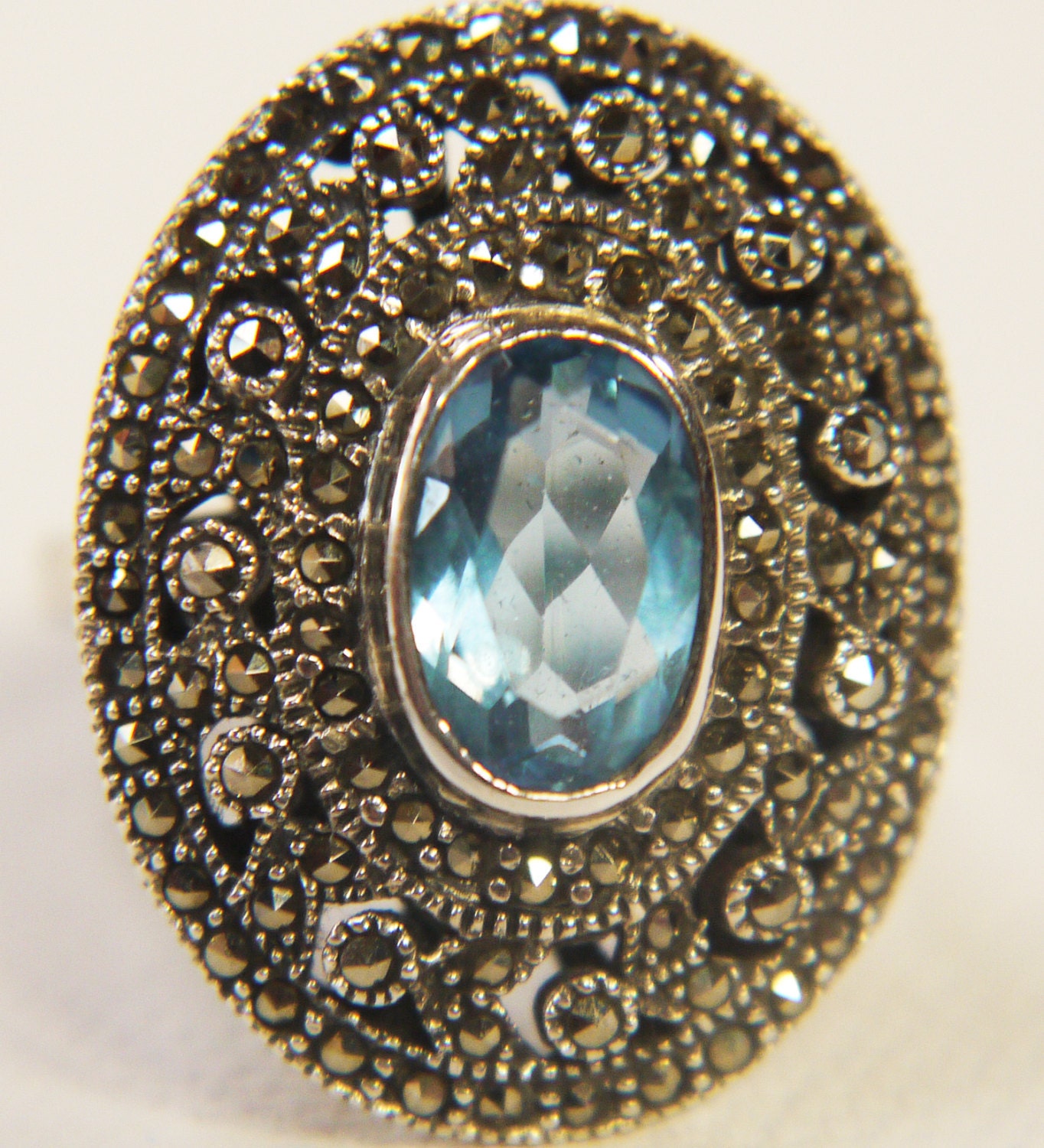 Blue Topaz and Marcasite Silver 925 Ring 1980s