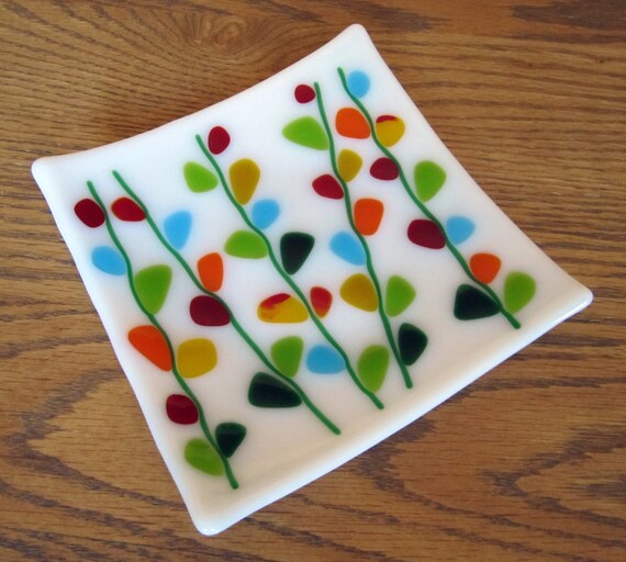 Blooming Branches on White Fused Glass Plate