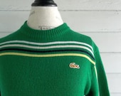 Vintage IZOD Sweater - 1980s Kelly Green Men's Lacoste Jumper with Stripes