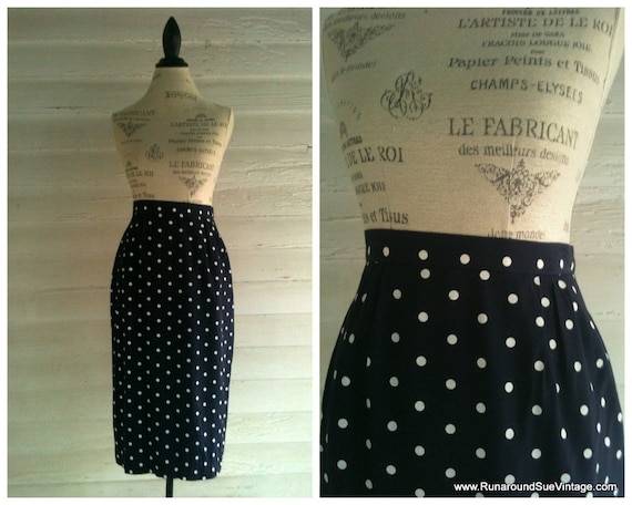 Pencil Skirt Vintage Pencil Skirt - Navy and White POLKA DOT Pencil Skirt by runaroundsuevintage on Etsy