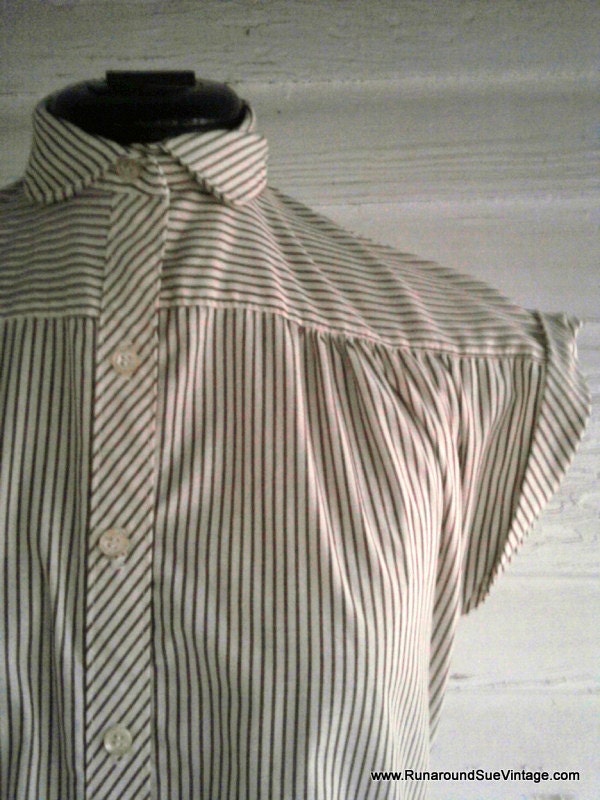 Vintage Blouse - COFFEE and Cream Stripe Top with Peter Pan Collar
