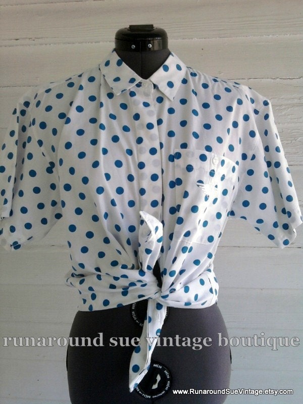 Retro Nautical Blue on White POLKA DOT Blouse