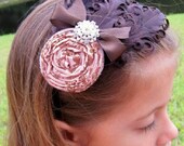 Rosette Headband Pink Blush & Brown hand rolled rosette feather headband