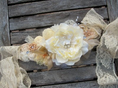 Bridal Ivory Neutrals Rosette Maternity or Bridal Sash Vintage-inspired w/ Handrolled Fabric Rosettes & Feathers