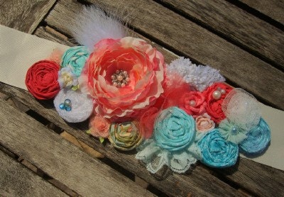 Aqua and Coral Pink Rosette Bridal or Maternity Sash Vintage-inspired w/ Handrolled Fabric Rosettes & Maribou Feathers