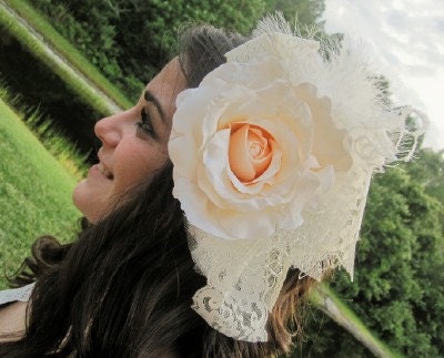 Bridal Hairclip Pale Blush & Neutrals Rosette Wedding Bridal Hairclip Headpiece Vintage-inspired w/Feathers and Lace