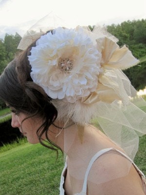 Bridal Hairclip Soft Ivory & Neutrals Rosette Wedding Bridal Hairclip Headpiece Vintage-inspired w/Feathers,Tulle and Lace