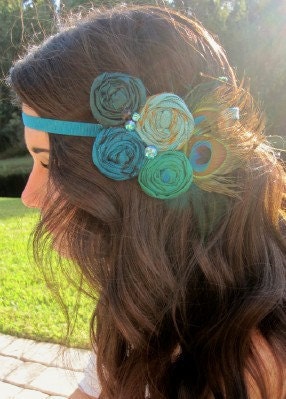 Rosette Headband Turquoise Peacock hand rolled rosette headband