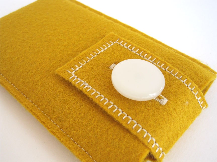 Yellow Felt Phone Case - Handmade Goldenrod Yellow Wool Felt iPhone 4, 4S, iPod Touch Sleeve with Vintage White Pearl Button