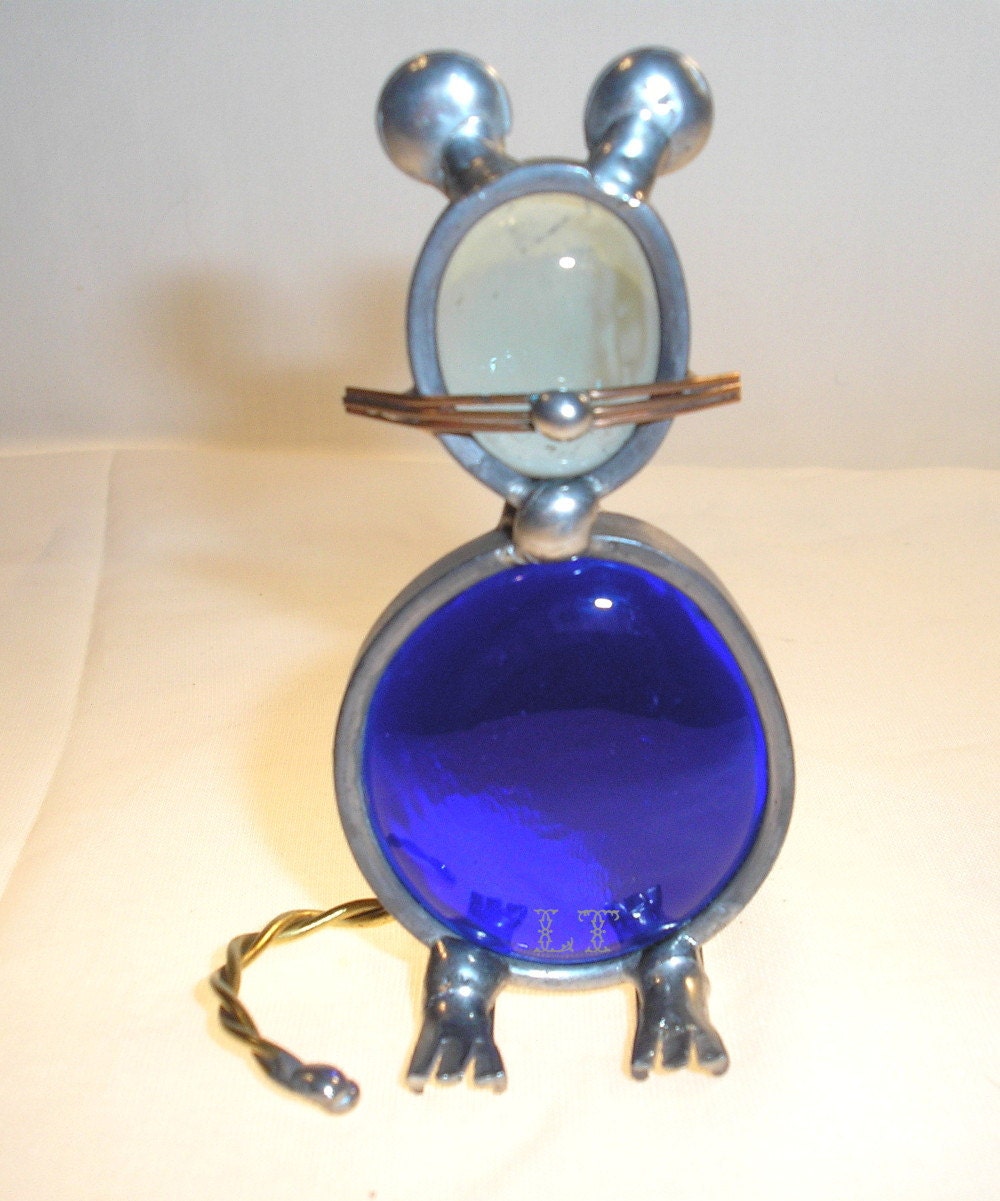 LT Stained glass blue nugget Mouse freestanding ornament made with cobalt and light blue glass nuggets
