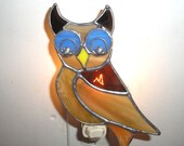 LT Stained glass Owl night light lamp made with with blue, burnt orange, dark beige and yellow