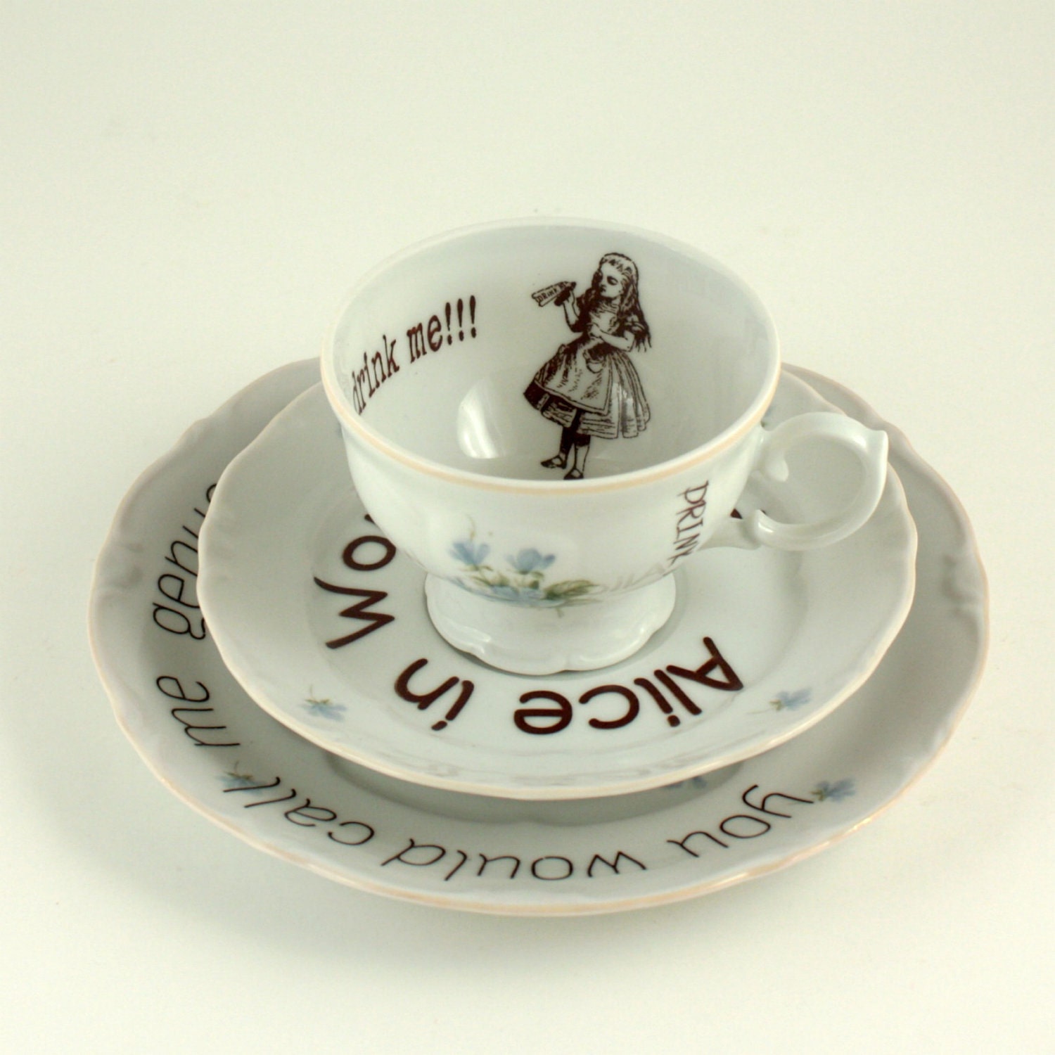 Vintage Alice in Wonderland on Romantic Porcelain Cup - Saucer-  Dessert Plate Drink me White Brown