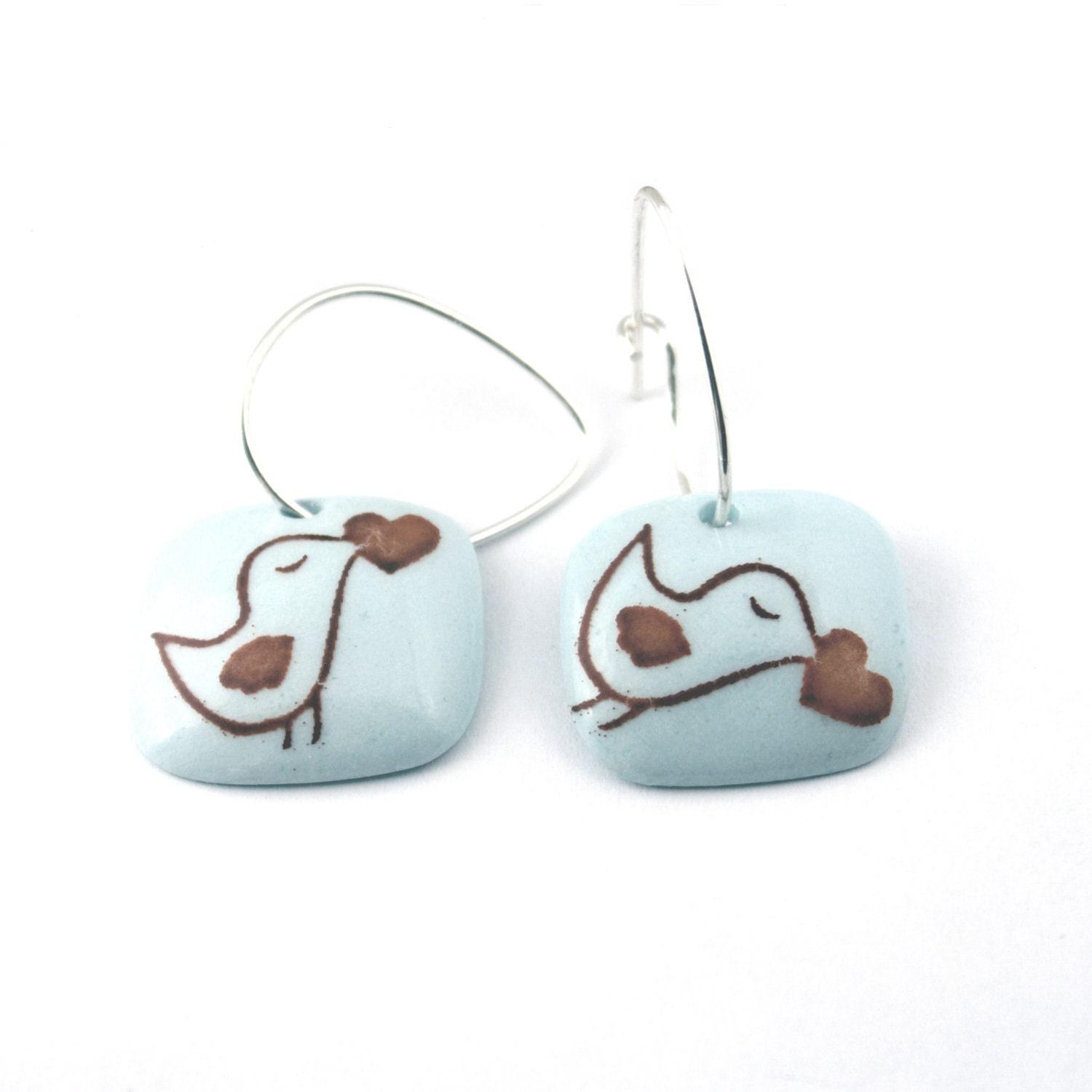 Sky Blue Earrings Birds in Love with Heart Porcelain 925 Sterling Silver Handmade Hoops Romantic