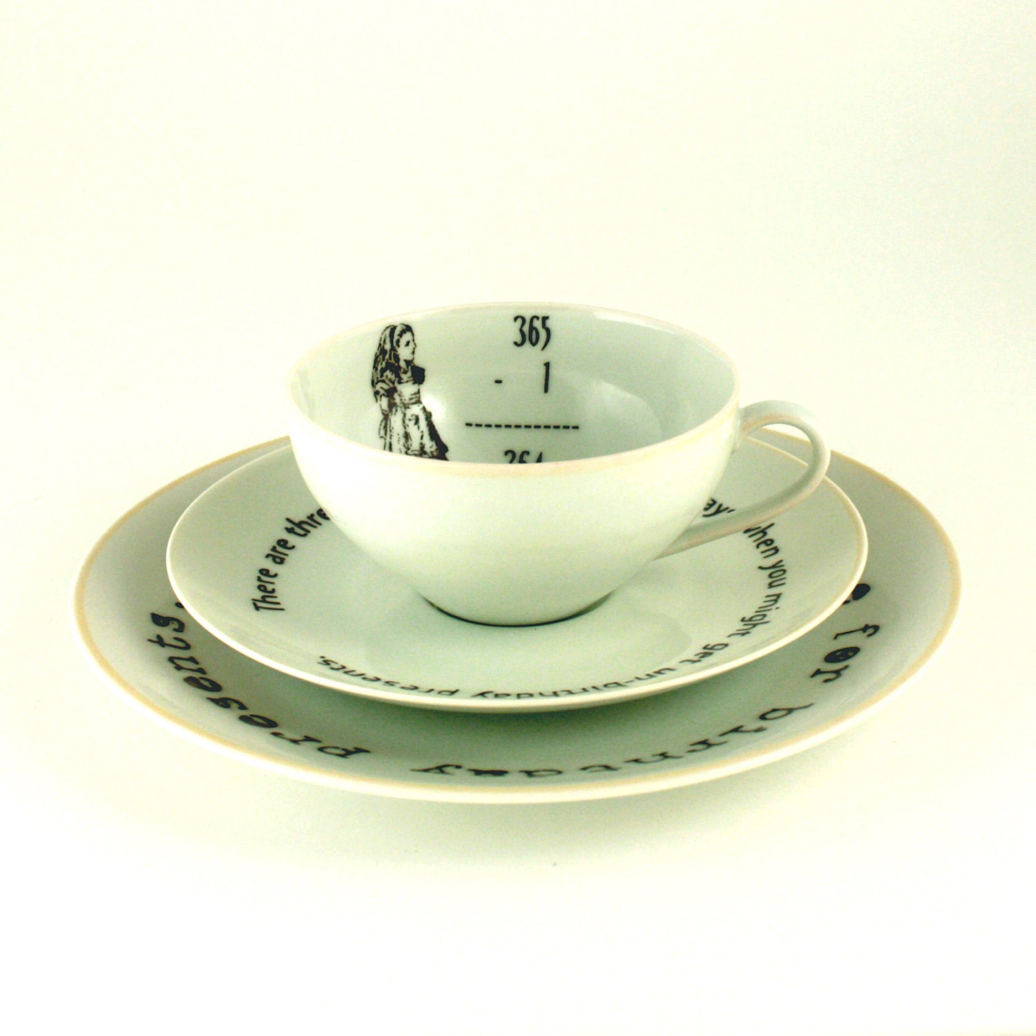 Alice's Birthday Cup Set Non - Birthday Altered Vintage Coffee Tea Cup Saucer and Dessert / Cake Plate White Porcelain Romantic