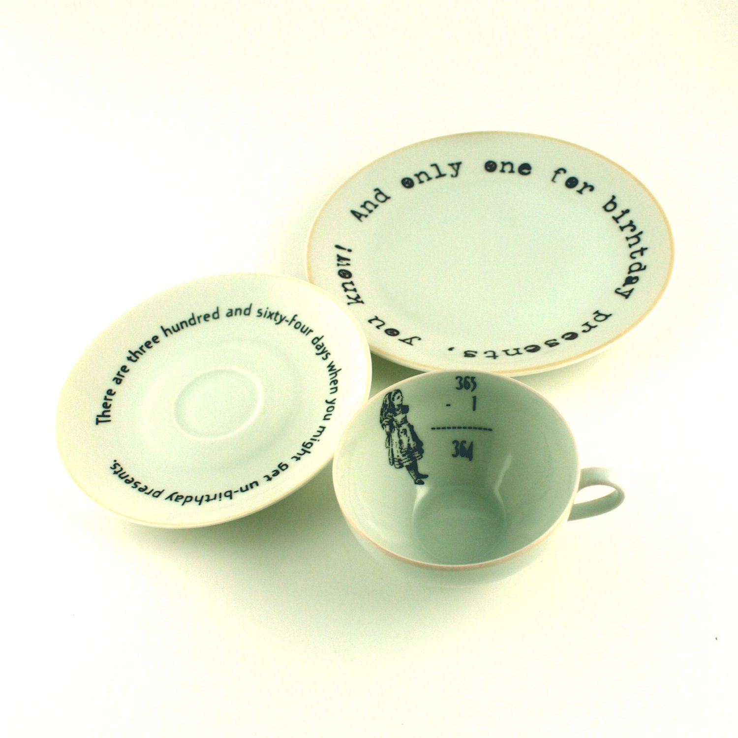 Alice's Birthday Cup Set Non - Birthday Altered Vintage Coffee Tea Cup Saucer and Dessert / Cake Plate White Porcelain Romantic