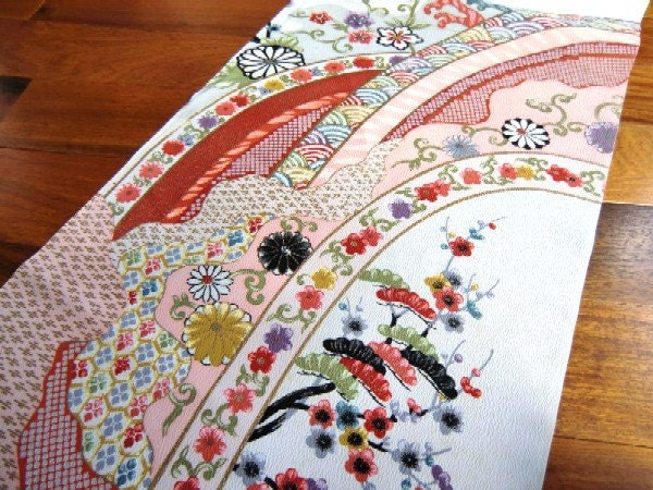 Vintage kimono panel, chrysanthemum, treasure garden, japanese textile