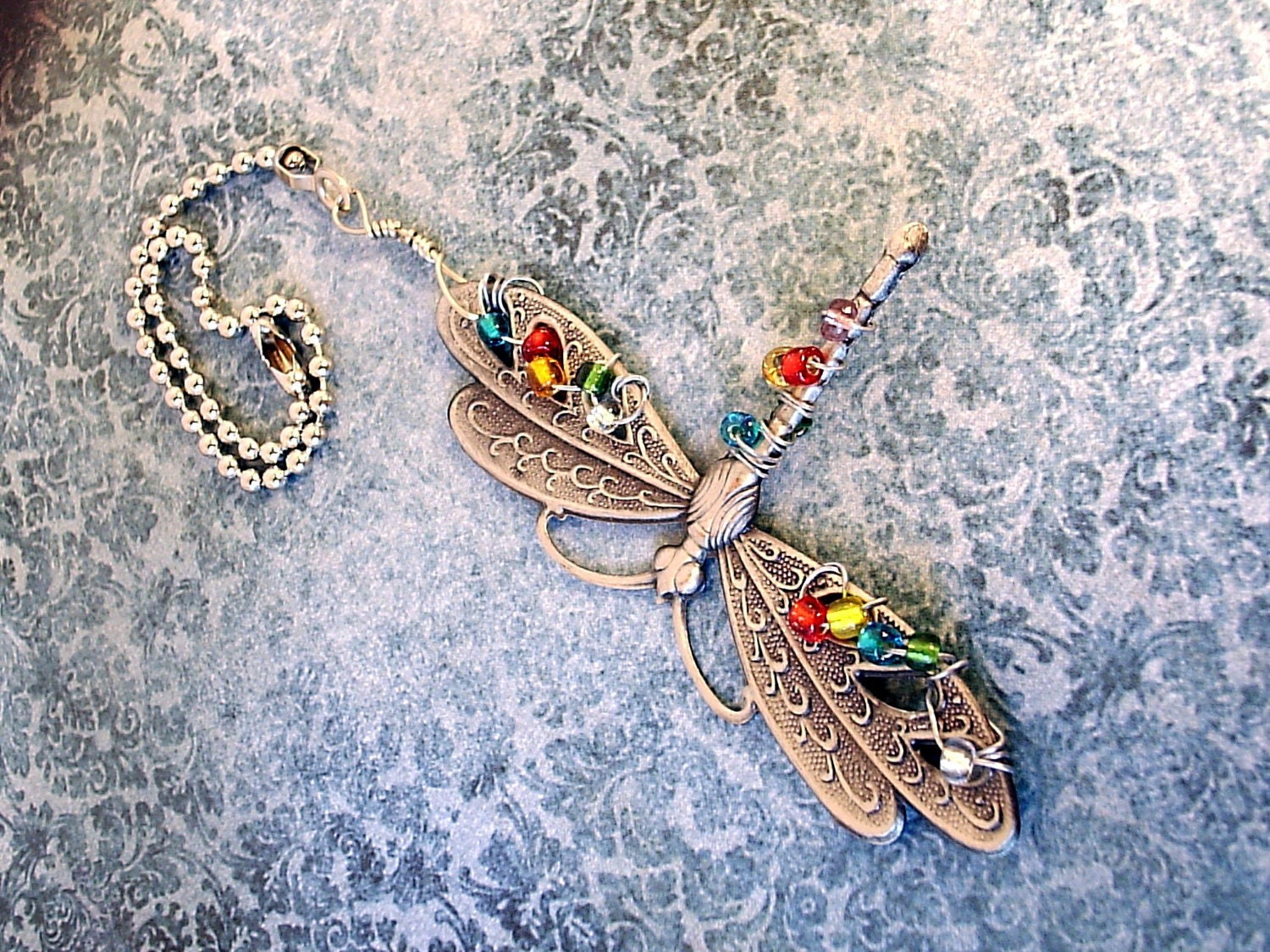 Dragonfly Ceiling Fan Pull With Multi Color Glass Beads