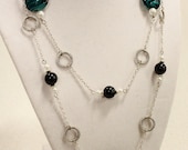 Long Blue and Silver Necklace - Blue Glass Beads with White Pearls and Twisted Jump Rings - Ocean Waves