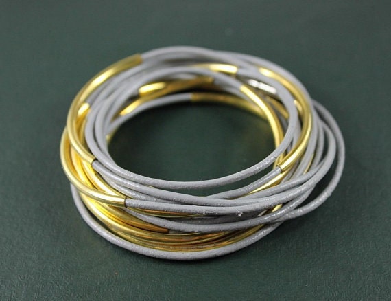 grey leather bangle bracelet with magnetic and gold tubes ESC156d
