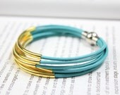 Turquoise leather bangle bracelet, gold tube and magnetic clasp esc277i