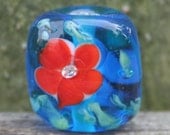 Focal Lampworking Bead Turqouise with Red Floral Cubic Zirconia